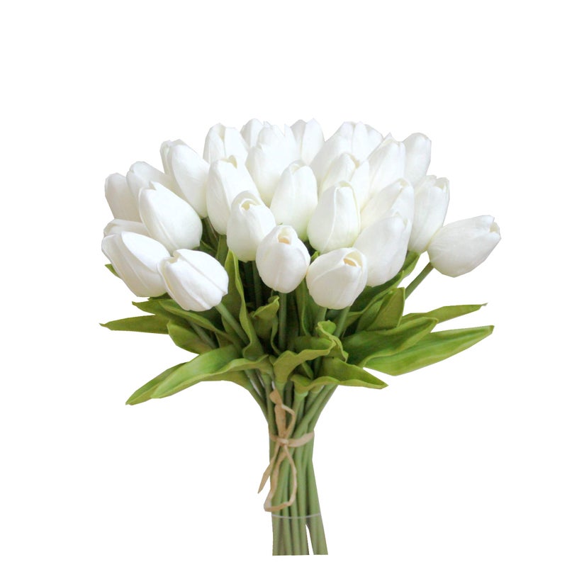 Mandy's Artificial Tulips 28 Stems White PU Faux Flowers for Valentine's Day and New Year Decorations Wedding Home Decor 13.5 Inch - Image 1